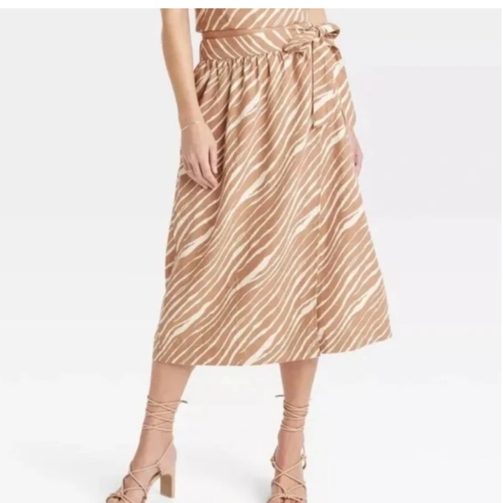 A New Day NWT Brown and Cream Zebra Print Wrap Linen Blend Midi Skirt Size Small